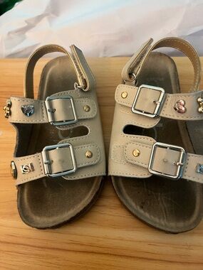 bebe Neutral Beige Double-Buckle Kids Sandals with Stud Accents